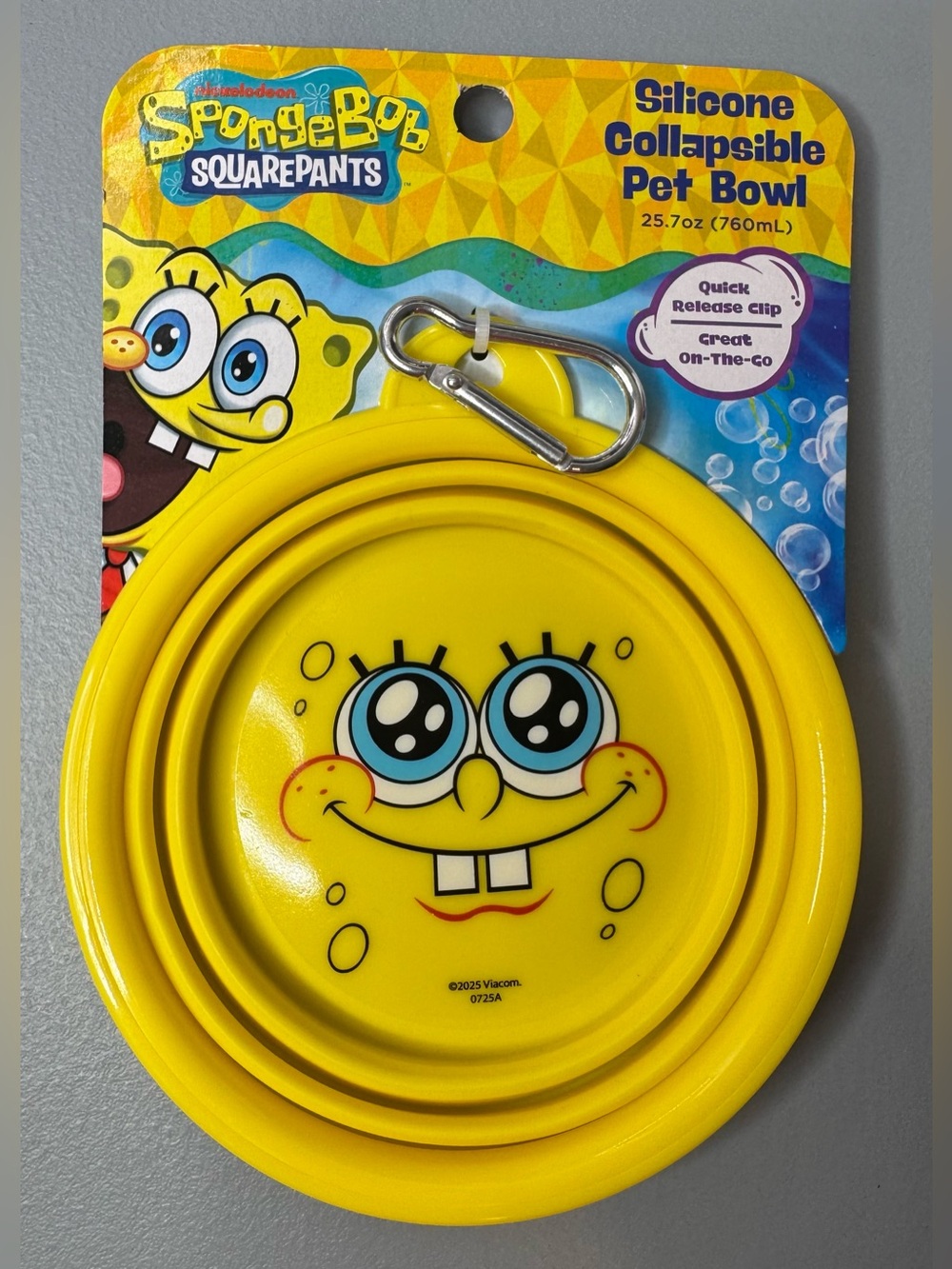 SpongeBob SquarePants Yellow Silicone Collapsible Pet Bowl with carabiner travel